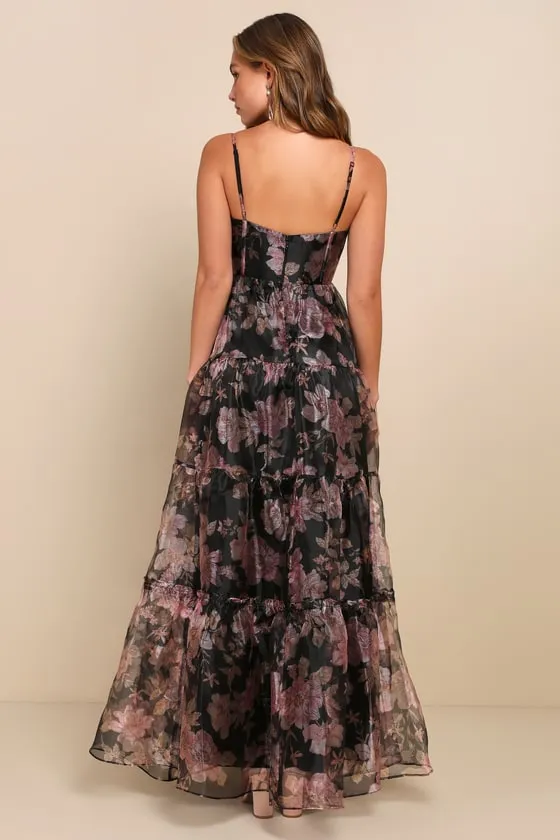 Exclusive Glamour Black Floral Organza Tiered Maxi Dress sold by Lulus product image thumbnail 2