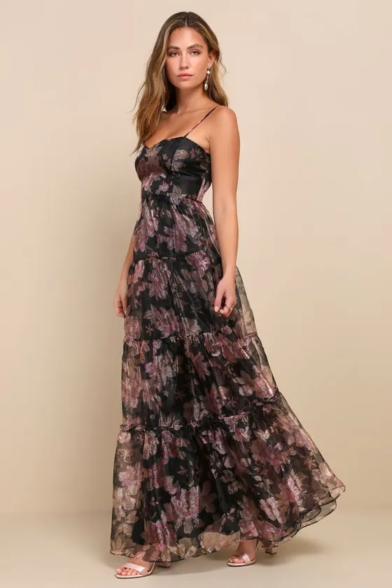 Exclusive Glamour Black Floral Organza Tiered Maxi Dress sold by Lulus product image thumbnail 4