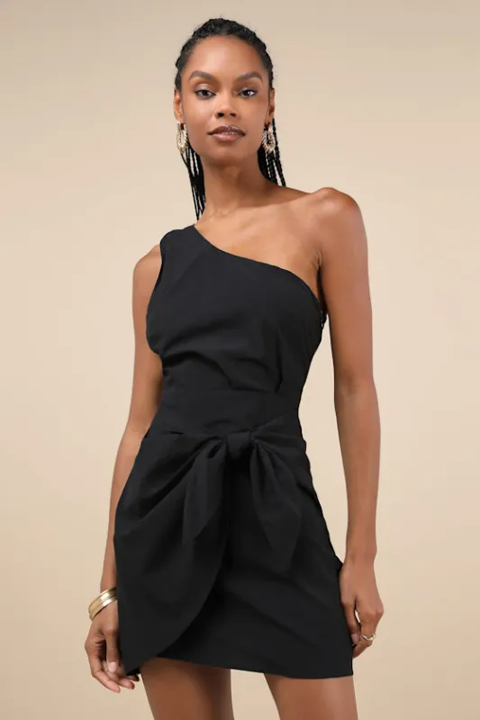 Gorgeous Garden Black One-Shoulder Faux-Wrap Mini Dress sold by Lulus