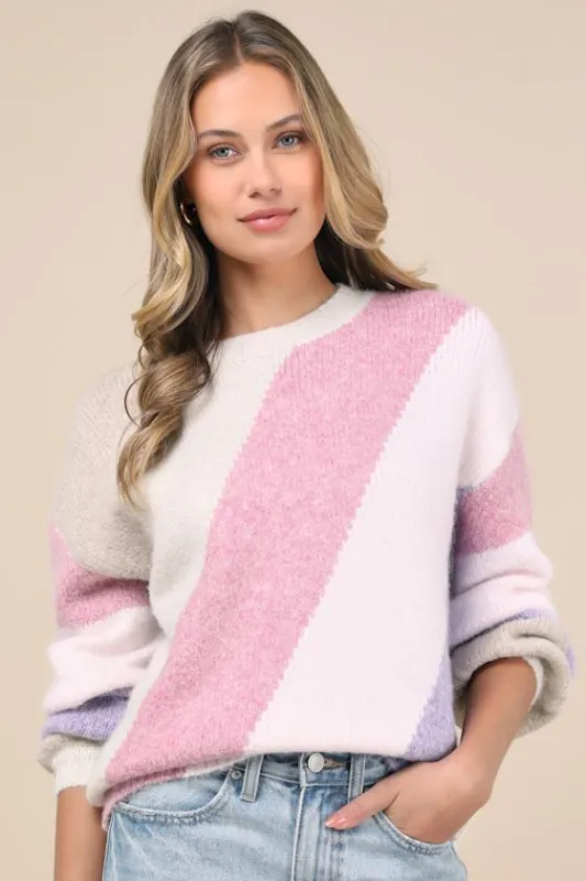Beyond Cuddly Ivory Multi Striped Sweater sold by Lulus
