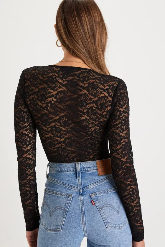 Adorable Embrace Black Lace Long Sleeve Bodysuit sold by Lulus product image thumbnail 3