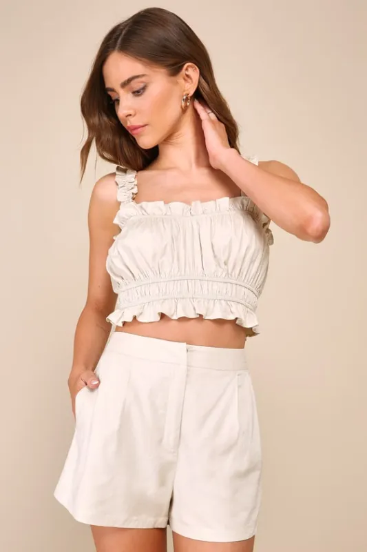 Hotter Temps Beige Linen Ruffled Two-Piece Romper sold by Lulus