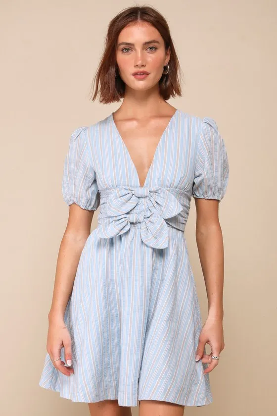 Lovely Pick Light Blue Striped Bow Puff Sleeve Mini Dress sold by Lulus product image thumbnail 3