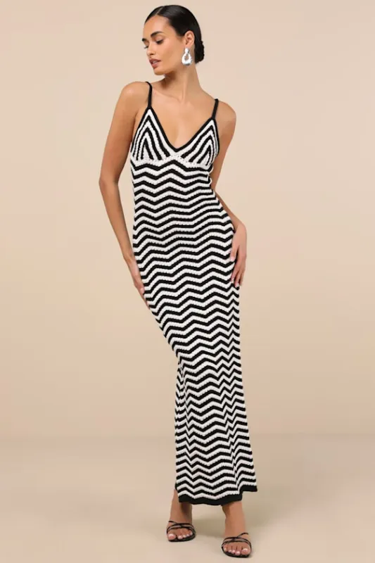 Yvette Black and White Crochet Knit Maxi Dress sold by Lulus