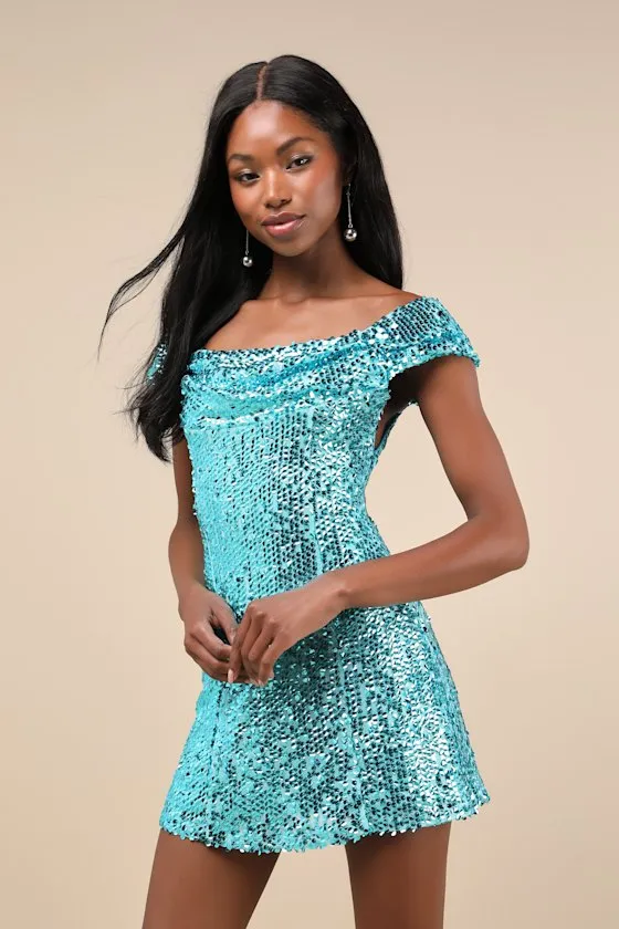 Glittering Nights Aqua Blue Sequin Off-the-Shoulder Mini Dress sold by Lulus product image thumbnail 2