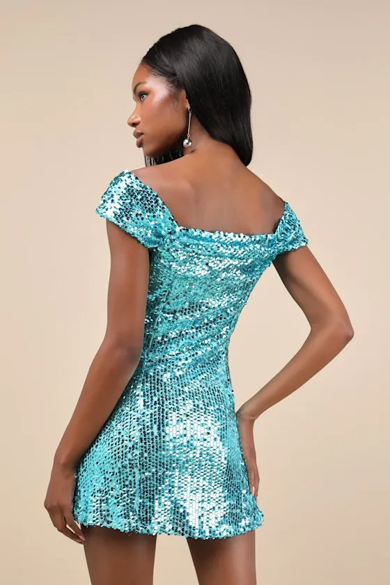 Glittering Nights Aqua Blue Sequin Off-the-Shoulder Mini Dress sold by Lulus product image thumbnail 3
