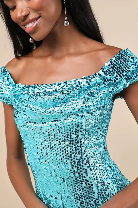 Glittering Nights Aqua Blue Sequin Off-the-Shoulder Mini Dress sold by Lulus product image thumbnail 4