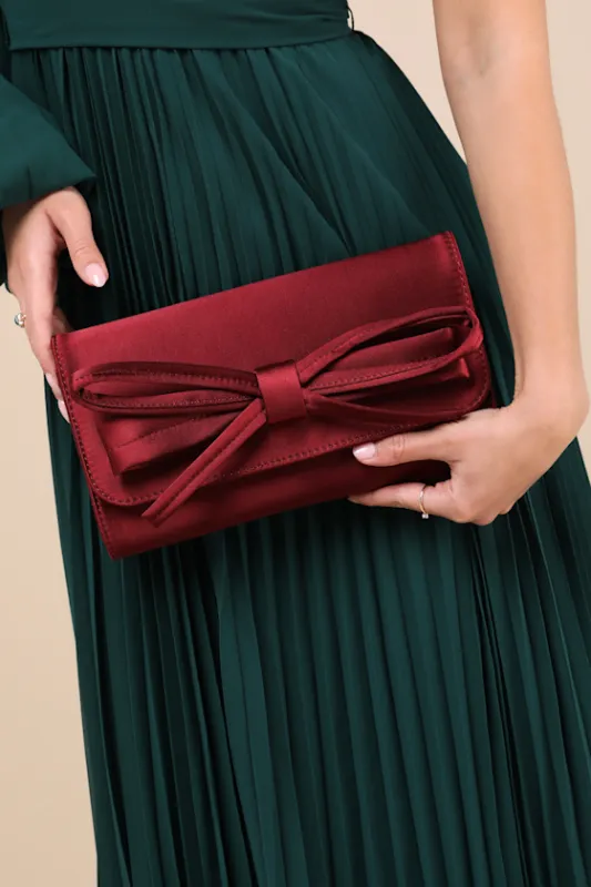 Precisely Dreamy Wine Red Satin Bow Clutch sold by Lulus