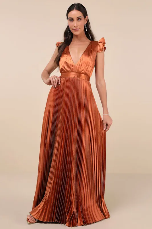 Exceptional Drama Rust Orange Satin Lace-Up Pleated Maxi Dress sold by Lulus