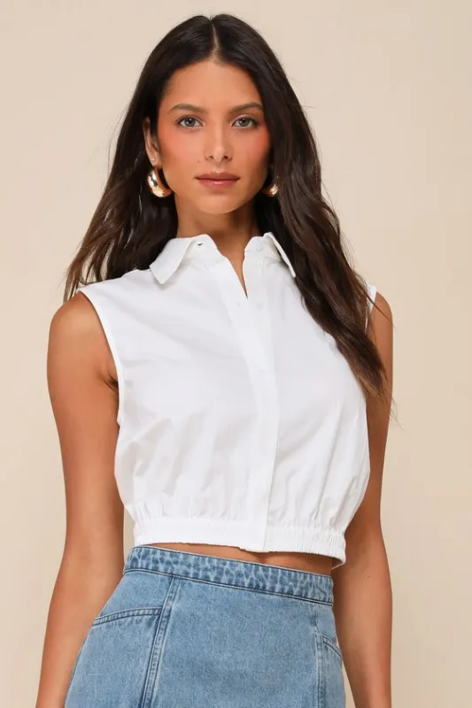 Enviable Look White Collared Sleeveless Cropped Button-Front Top sold by Lulus