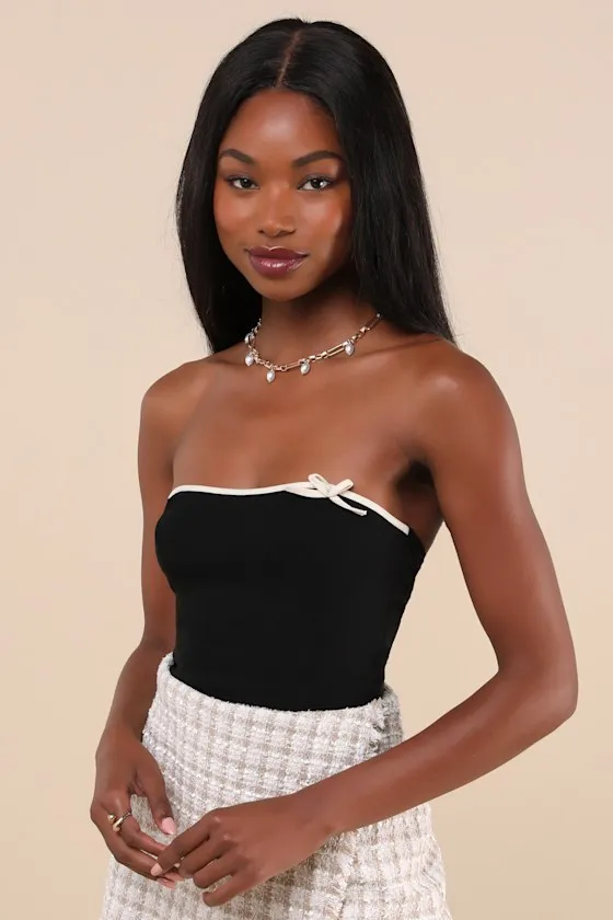 Matuha Black and Cream Bow Strapless Crop Top sold by Lulus