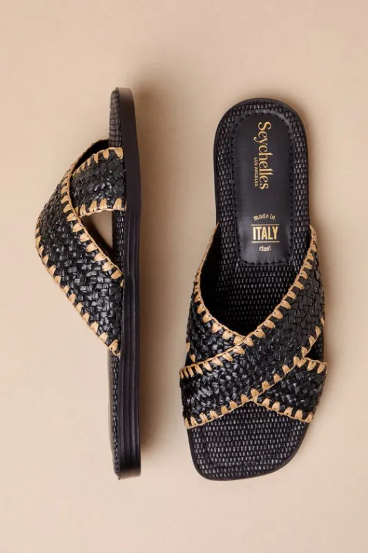 Pomelo Black Raffia Slide Sandals sold by Lulus