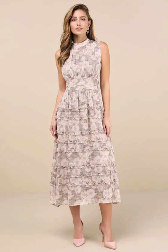 Happily Sweet Beige Floral Mock Neck Backless Midi Dress sold by Lulus