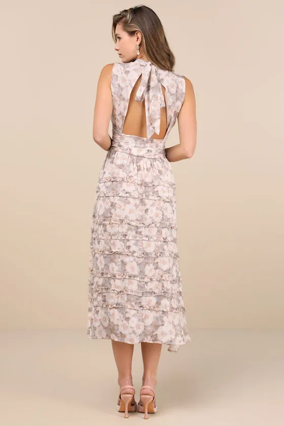 Happily Sweet Beige Floral Mock Neck Backless Midi Dress sold by Lulus product image thumbnail 2