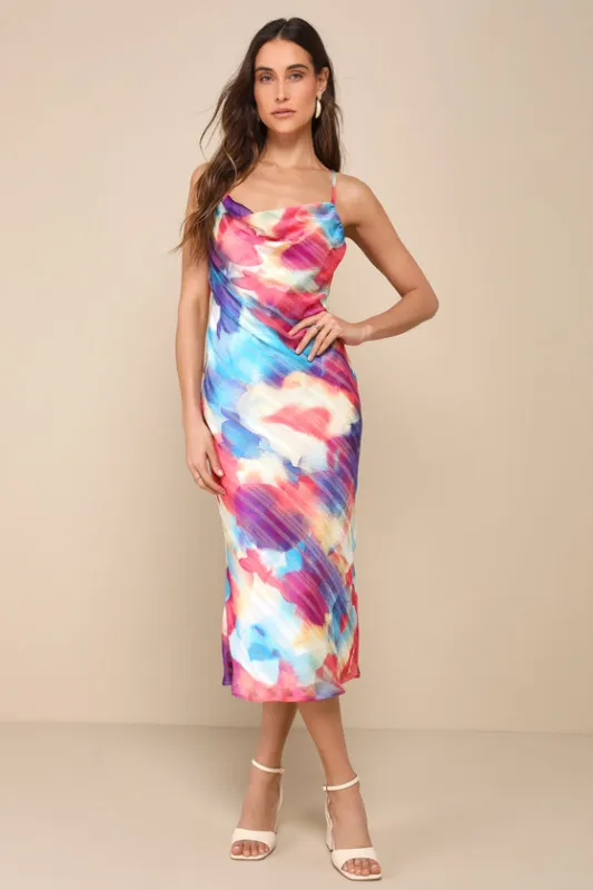 Constant Sensation Blue Multi Abstract Print Lurex Midi Dress sold by Lulus