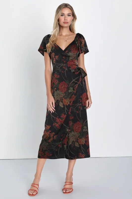 Subtle Elegance Black Floral Print Faux Wrap Midi Dress sold by Lulus