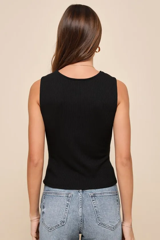 Effortless Potential Black Ribbed Lace Button-Front Tank Top sold by Lulus product image thumbnail 3