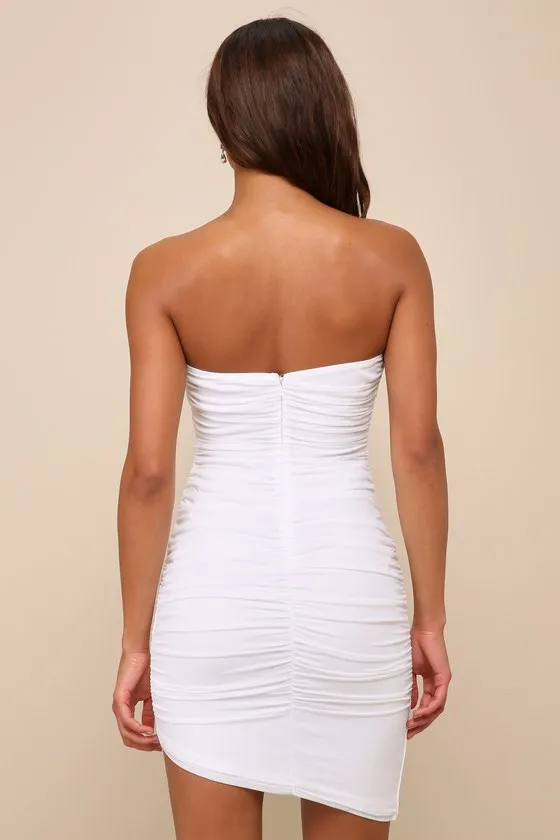Flawless Sensation White Mesh Ruched Asymmetrical Mini Dress sold by Lulus product image thumbnail 3
