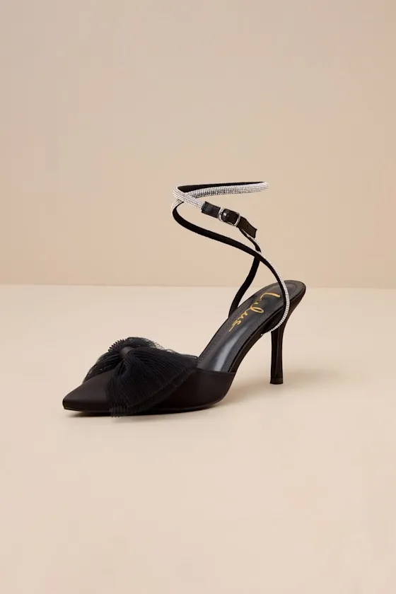 Lelanee Black Satin Rhinestone Bow Ankle Strap Pumps sold by Lulus product image thumbnail 2