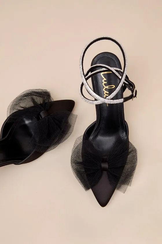 Lelanee Black Satin Rhinestone Bow Ankle Strap Pumps sold by Lulus product image thumbnail 3