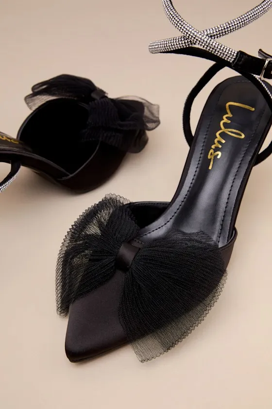 Lelanee Black Satin Rhinestone Bow Ankle Strap Pumps sold by Lulus product image thumbnail 4