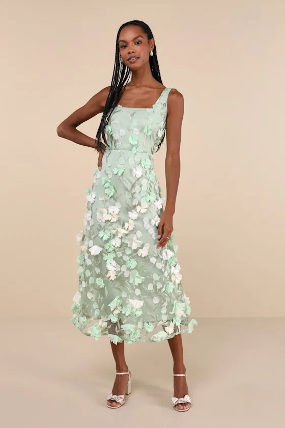 Elite Cutie Mint Green Mesh 3D Floral Embroidered Midi Dress sold by Lulus
