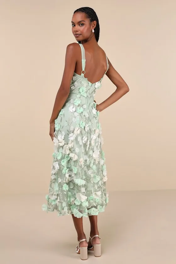 Elite Cutie Mint Green Mesh 3D Floral Embroidered Midi Dress sold by Lulus product image thumbnail 2