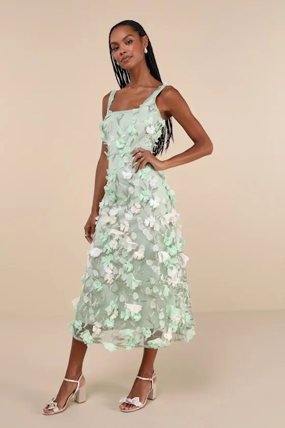 Elite Cutie Mint Green Mesh 3D Floral Embroidered Midi Dress sold by Lulus product image thumbnail 4