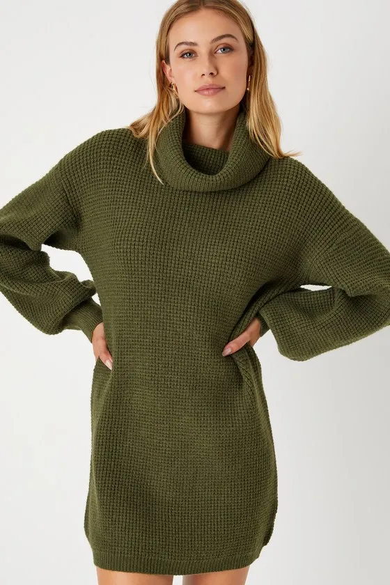 Casual Coziness Olive Green Waffle Knit Cowl Neck Sweater Dress sold by Lulus