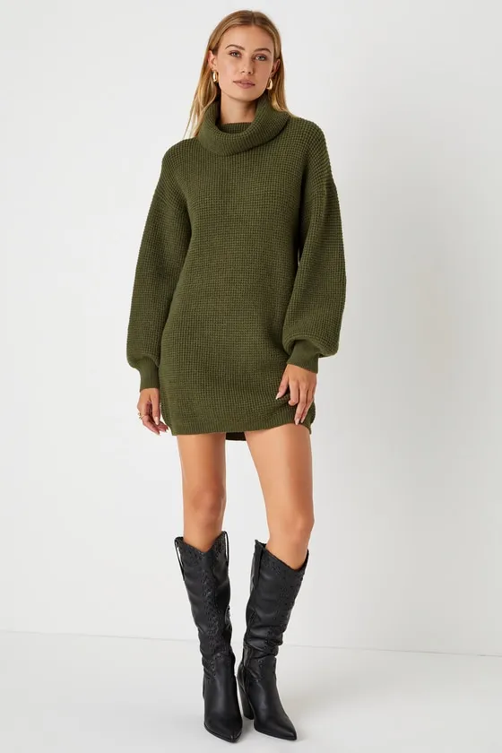 Casual Coziness Olive Green Waffle Knit Cowl Neck Sweater Dress sold by Lulus product image thumbnail 2