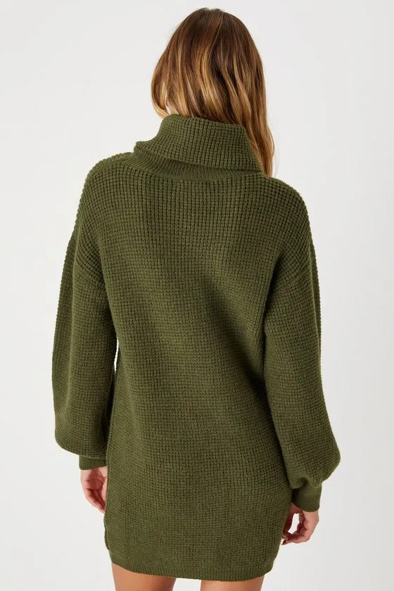 Casual Coziness Olive Green Waffle Knit Cowl Neck Sweater Dress sold by Lulus product image thumbnail 3