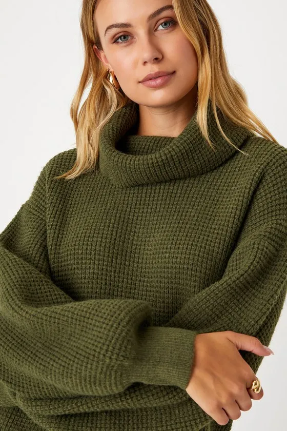 Casual Coziness Olive Green Waffle Knit Cowl Neck Sweater Dress sold by Lulus product image thumbnail 4