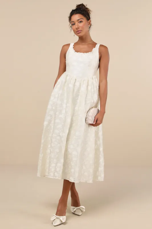 Immaculate Elegance Cream Jacquard Lace-Up Midi Dress sold by Lulus