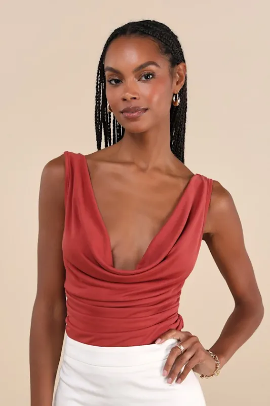 Admired Style Rusty Rose Ruched Cowl Neck Tank Top sold by Lulus