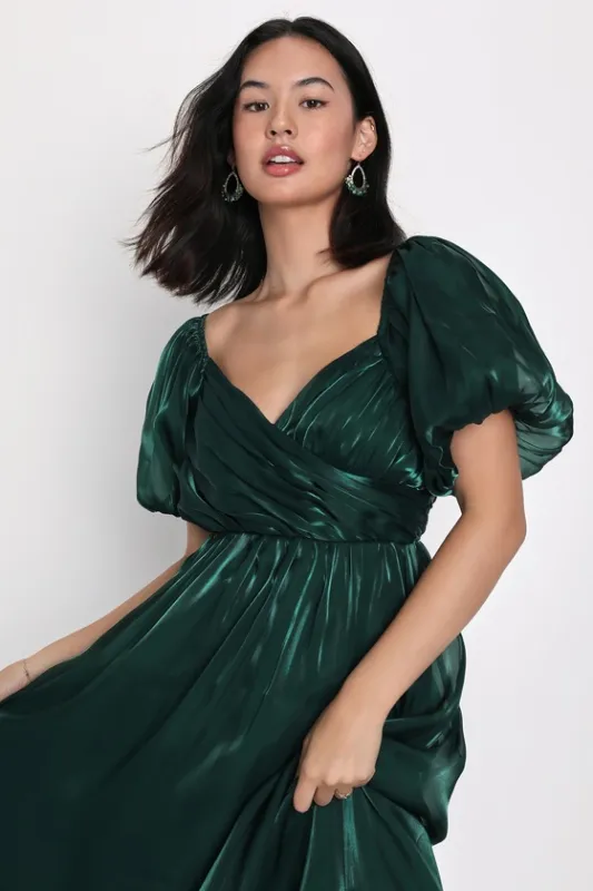 Remarkable Sensation Emerald Green Puff Sleeve Tiered Midi Dress sold by Lulus