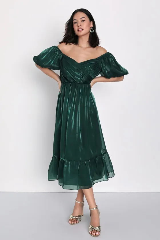 Remarkable Sensation Emerald Green Puff Sleeve Tiered Midi Dress sold by Lulus product image thumbnail 3