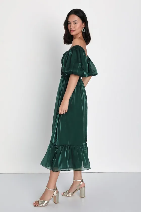 Remarkable Sensation Emerald Green Puff Sleeve Tiered Midi Dress sold by Lulus product image thumbnail 4