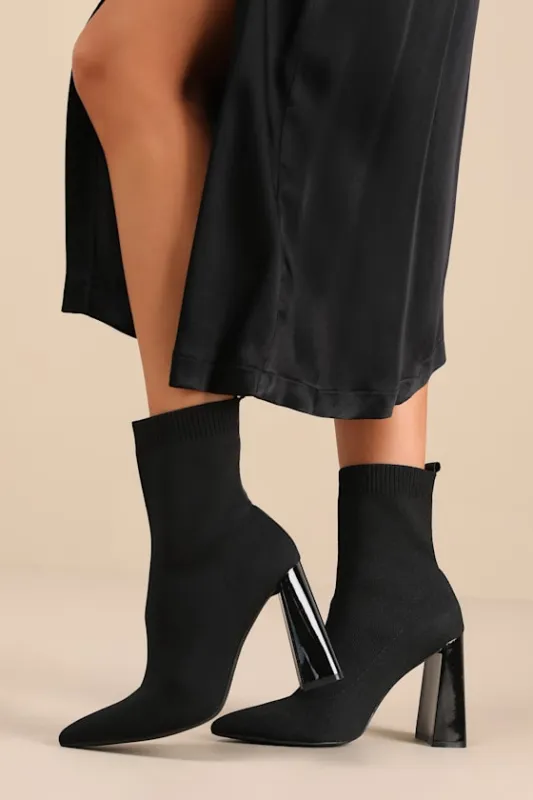Feliciaa Black Ribbed Knit Pointed-Toe Sock Boots sold by Lulus