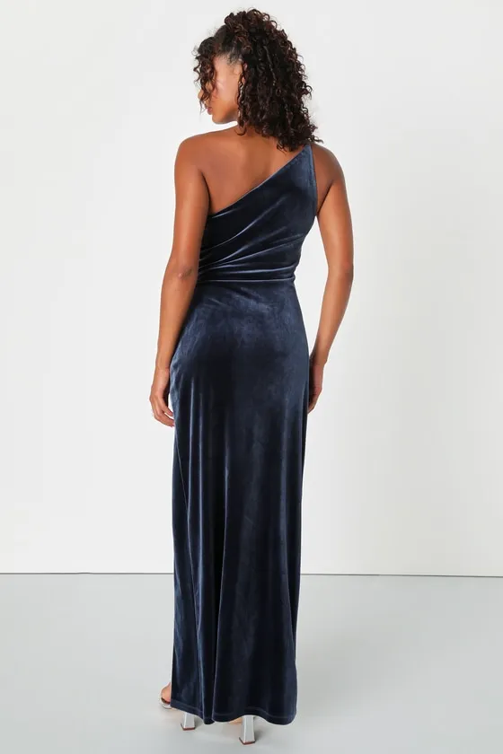 Elegant Era Dark Slate Blue Velvet One-Shoulder Maxi Dress sold by Lulus product image thumbnail 2
