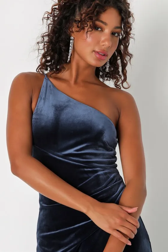 Elegant Era Dark Slate Blue Velvet One-Shoulder Maxi Dress sold by Lulus product image thumbnail 4