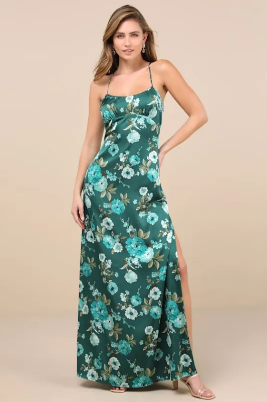 Wondrous Allure Green Floral Satin Backless Maxi Dress sold by Lulus