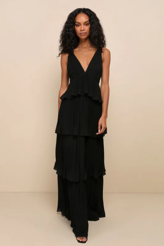 Mesmerizing Essence Black Pleated Backless Tiered Maxi Dress sold by Lulus