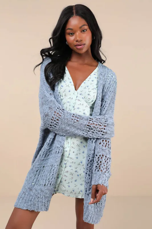 Crochet it Ain't So Slate Blue Oversized Cardigan Sweater made by Lulus
