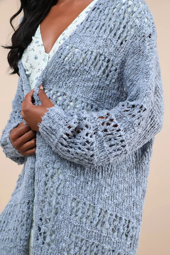 Crochet it Ain't So Slate Blue Oversized Cardigan Sweater sold by Lulus product image thumbnail 4