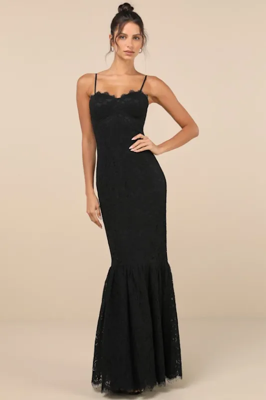 Instinctively Stunning Black Lace Bustier Trumpet Maxi Dress sold by Lulus