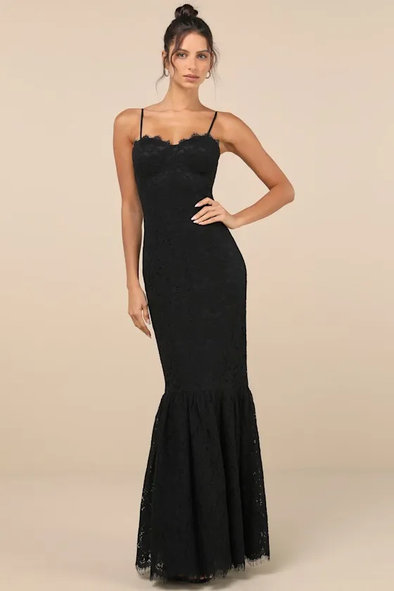 Instinctively Stunning Black Lace Bustier Trumpet Maxi Dress sold by Lulus