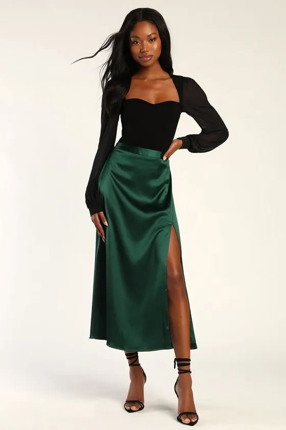 Elegant Blossoms Emerald Green Satin Midi Skirt sold by Lulus product image thumbnail 3