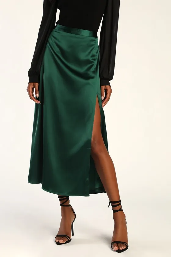 Elegant Blossoms Emerald Green Satin Midi Skirt sold by Lulus product image thumbnail 4