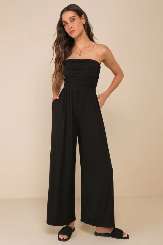 Flirty Posture Black Jersey Knit Strapless Jumpsuit sold by Lulus