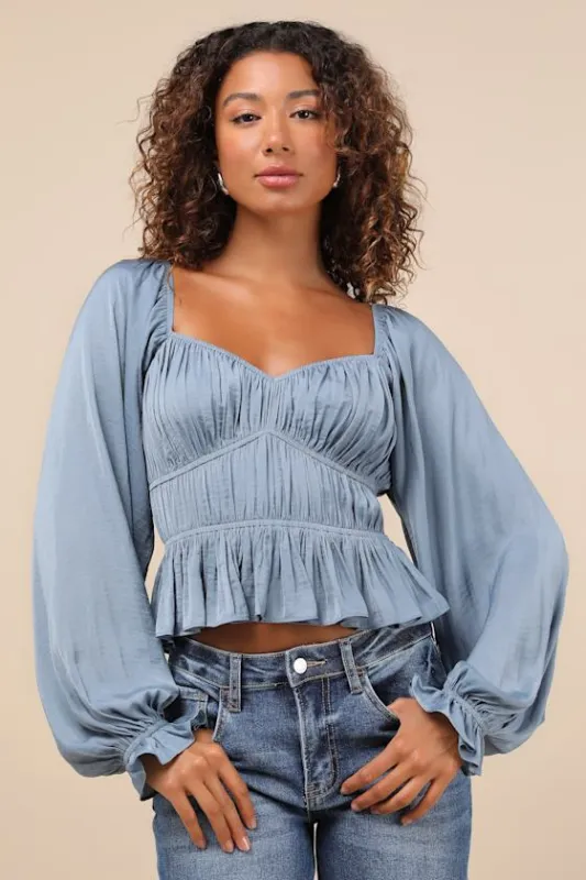 Sophisticate Slate Blue Satin Ruched Long Sleeve Top sold by Lulus